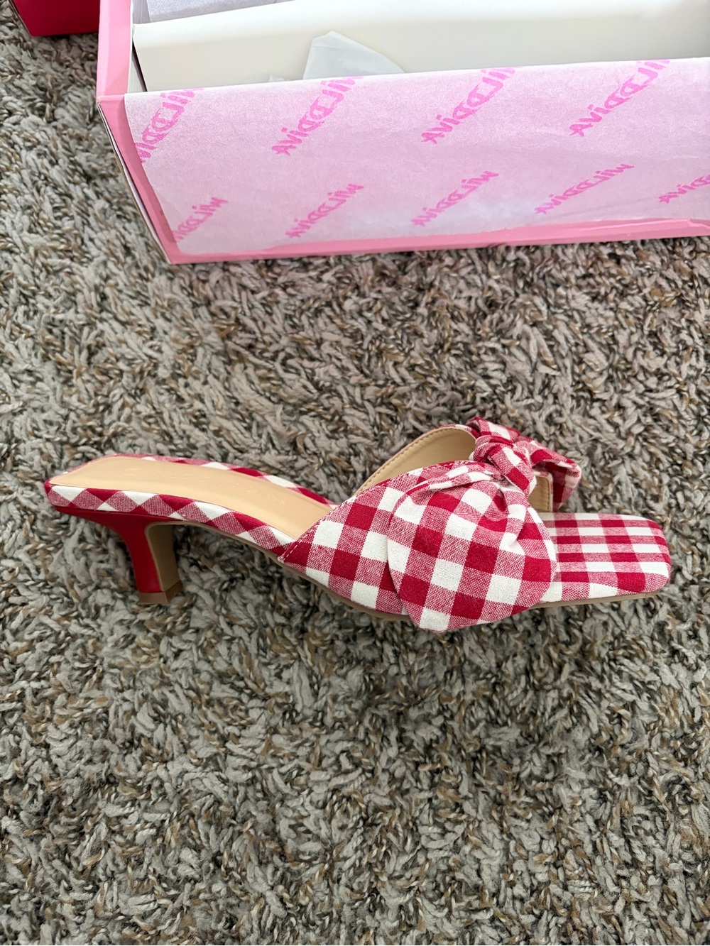Wild Diva Red and White Gingham Knot Midi Heel Slide